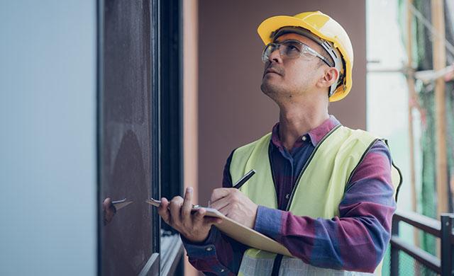 A home inspector looks at the outside of a house
